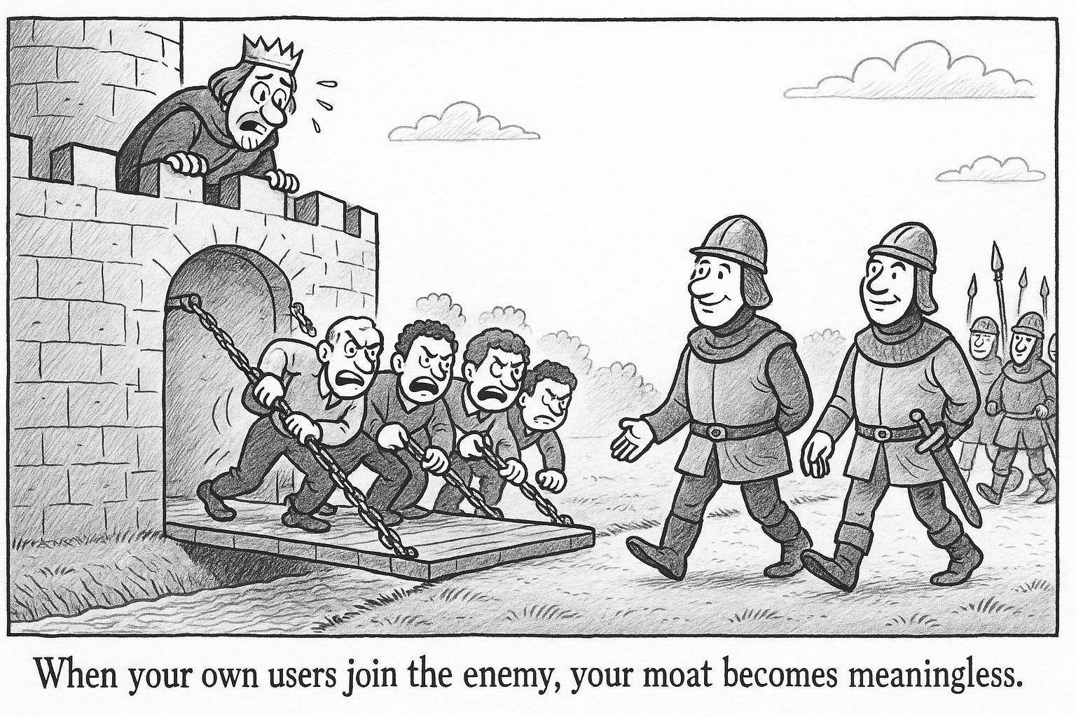 A comic showing a king in distress looking down from the castle wall as his own subjects open the draw bridge to let in the enemy. Below the comic is the text "When your own users join the enemy, your moat becomes meaningless."