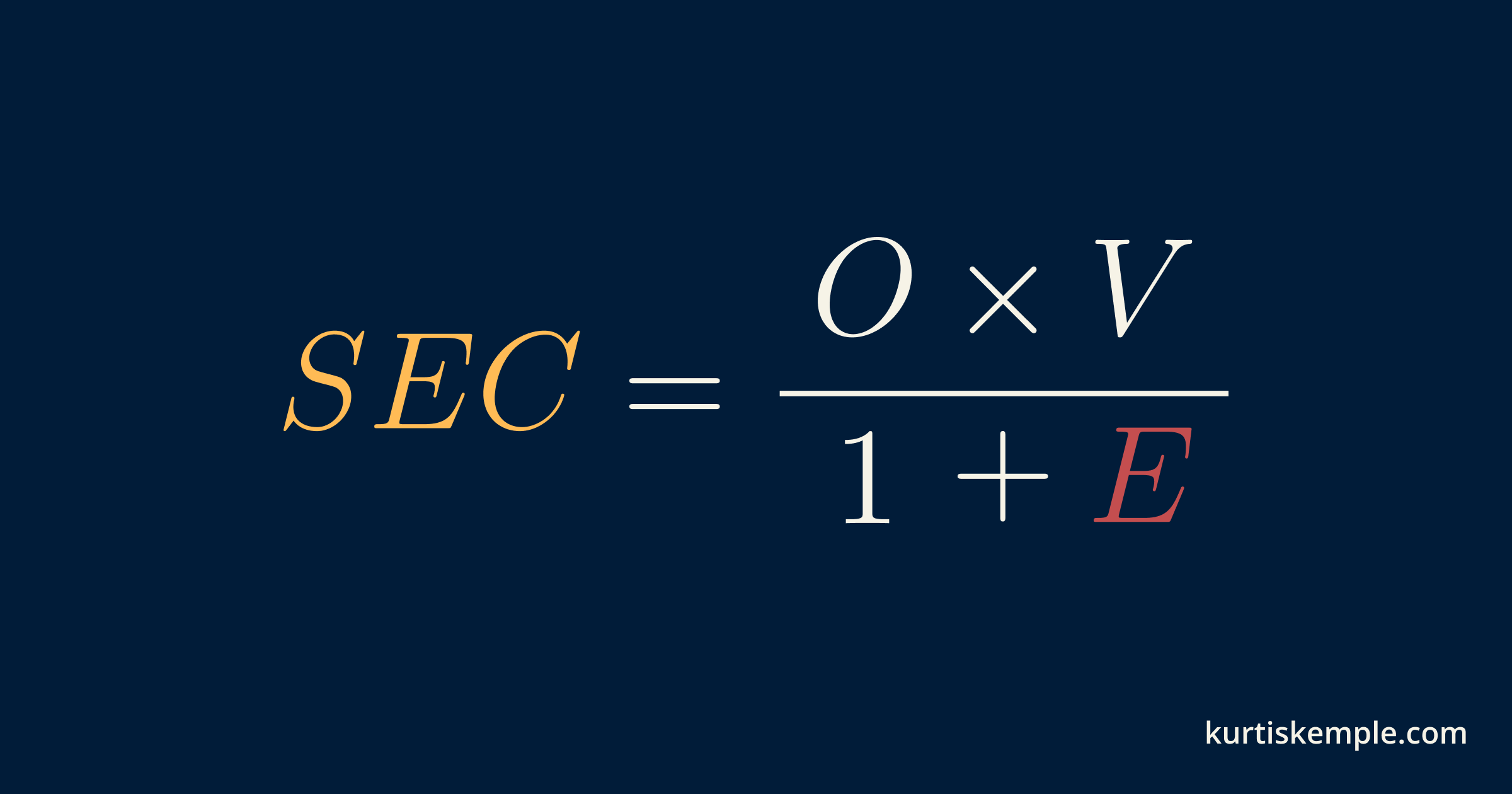 The illustration shows the equation SEC = O × V / (1 + E).