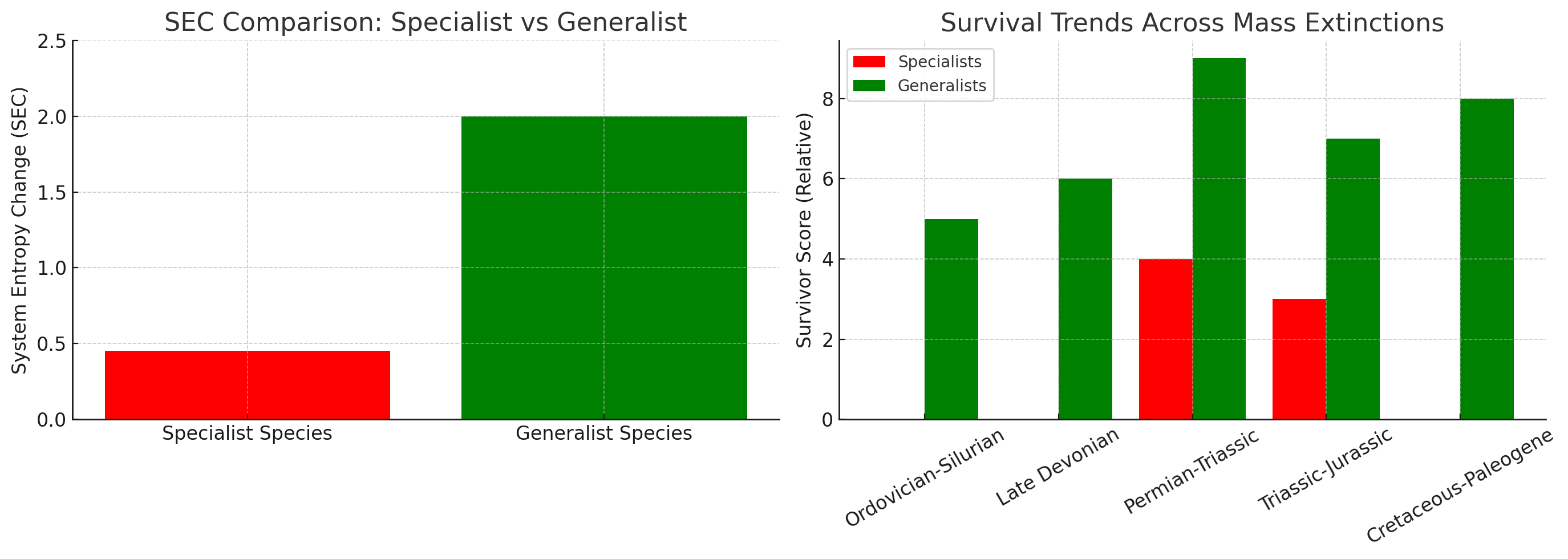 Bar chart showing survival rates across five mass extinctions, with specialists scoring 0-4 on survival scale while generalists consistently score 5-9, demonstrating 2-4x higher survival rates